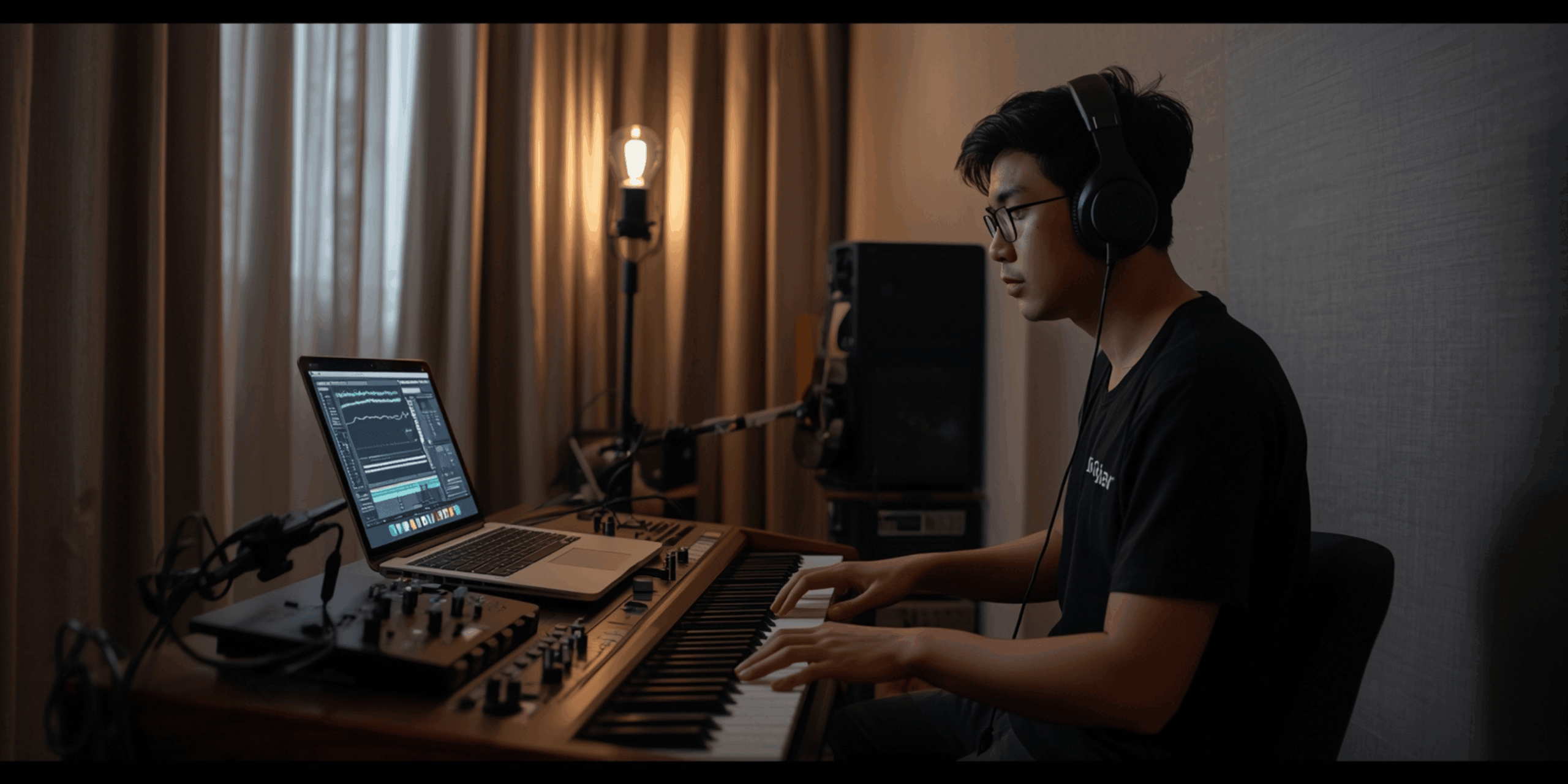 Musisi muda Indonesia sedang memproduksi lagu di kamar dengan laptop dan alat musik digital.