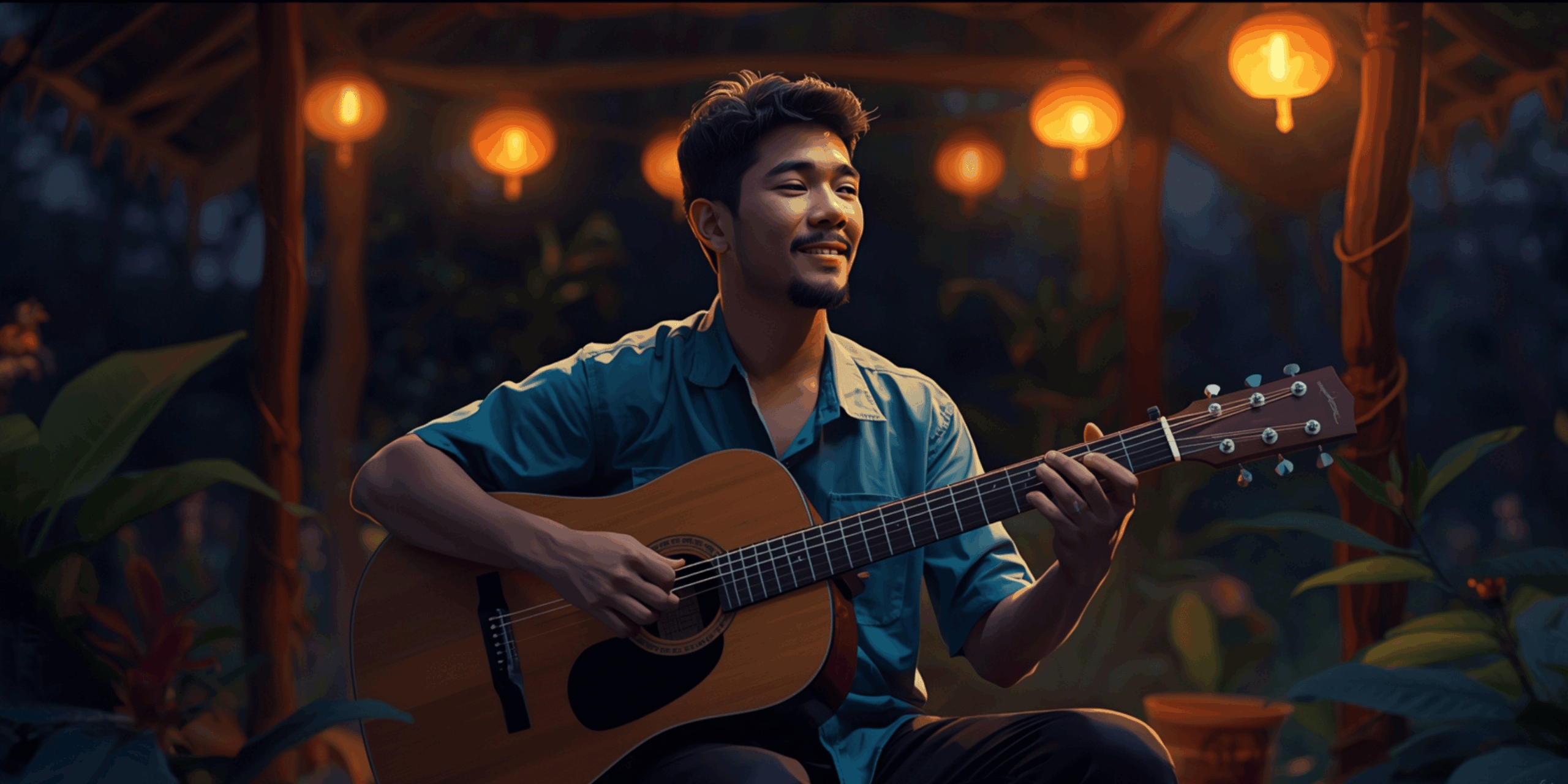 Musisi lokal Indonesia tampil di panggung kecil sambil memainkan gitar dengan pencahayaan hangat.