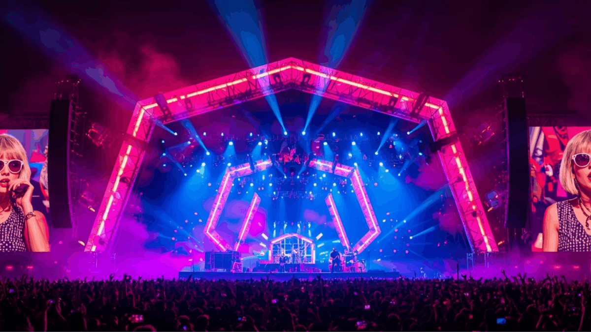 Foto konser megah musisi internasional dengan cahaya neon dan ribuan penonton.