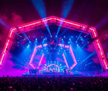 Foto konser megah musisi internasional dengan cahaya neon dan ribuan penonton.
