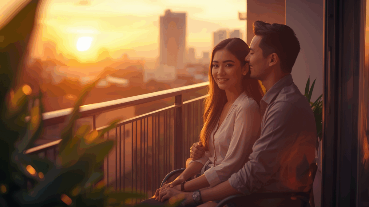 Pasangan artis Indonesia duduk di balkon saat senja, tampak harmonis dan bahagia.