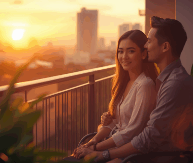 Pasangan artis Indonesia duduk di balkon saat senja, tampak harmonis dan bahagia.