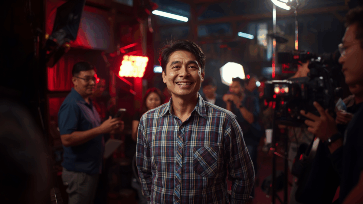 Artis Indonesia sedang beristirahat di lokasi syuting bersama kru film dan kamera profesional.