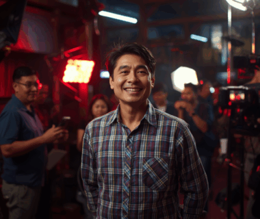 Artis Indonesia sedang beristirahat di lokasi syuting bersama kru film dan kamera profesional.