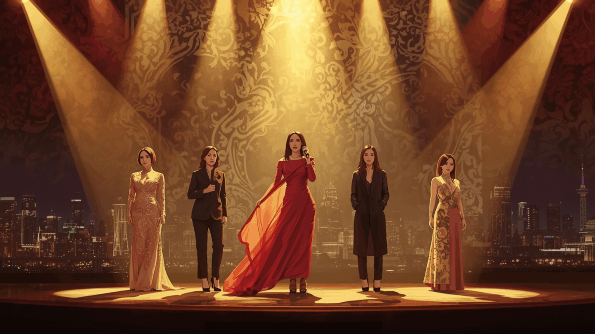 Lima penyanyi solo wanita Indonesia berdiri di atas panggung Asia dengan latar cahaya keemasan dan nuansa musik yang elegan.