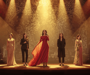 Lima penyanyi solo wanita Indonesia berdiri di atas panggung Asia dengan latar cahaya keemasan dan nuansa musik yang elegan.