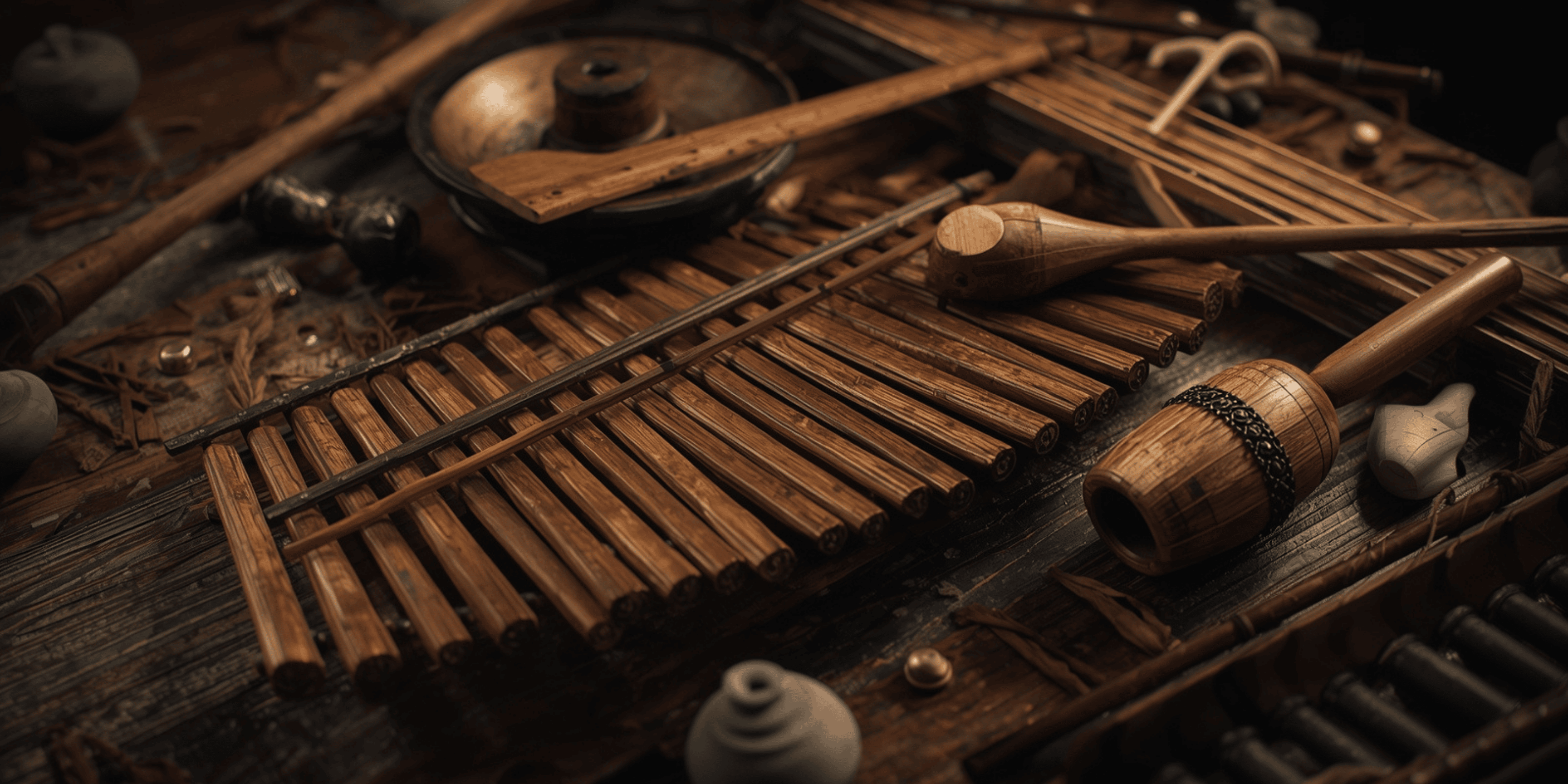 Koleksi alat musik tradisional Indonesia dalam detail realistis.