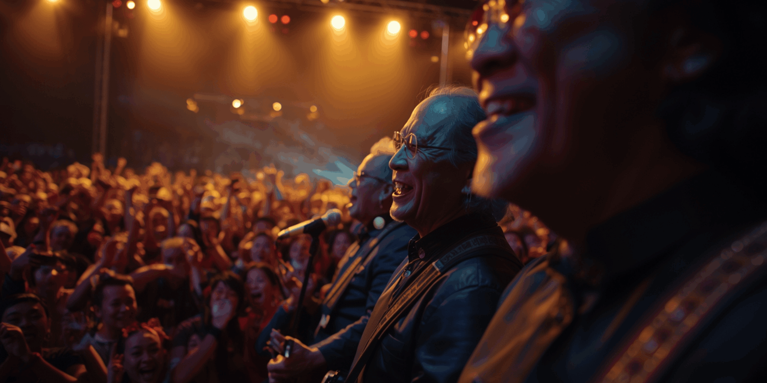 Reuni band legendaris tampil di panggung dengan pencahayaan dramatis dan penonton yang bersorak.