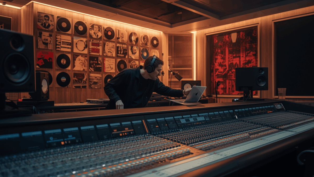 Studio label musik profesional dengan peralatan audio modern.