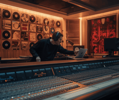 Studio label musik profesional dengan peralatan audio modern.