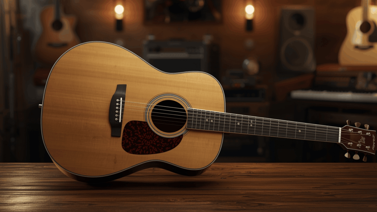 Gitar akustik premium di studio musik dengan pencahayaan hangat.