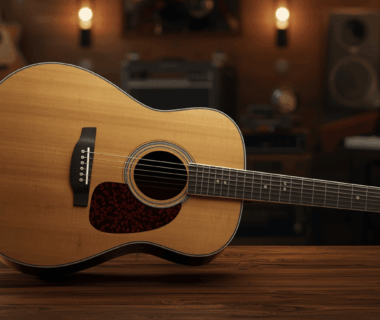 Gitar akustik premium di studio musik dengan pencahayaan hangat.