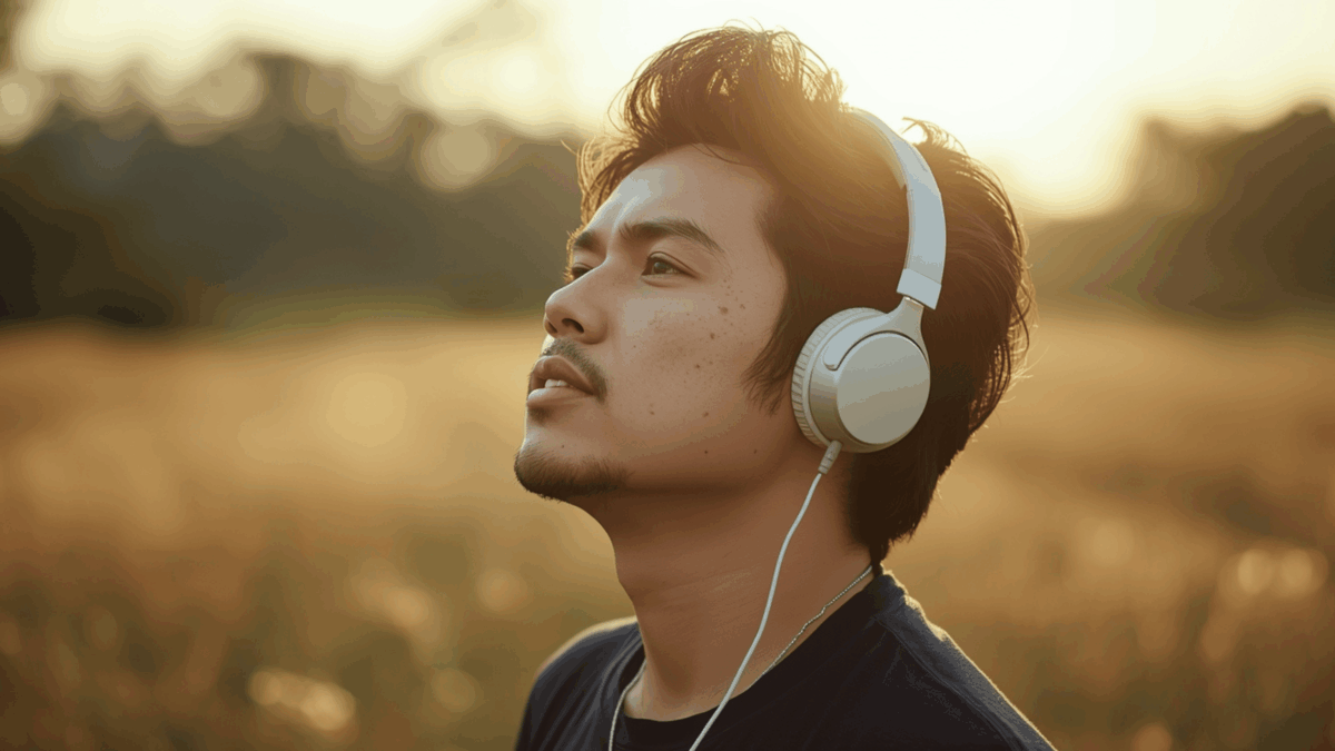 pria mendengarkan lagu perubahan hidup di bawah sinar matahari pagi