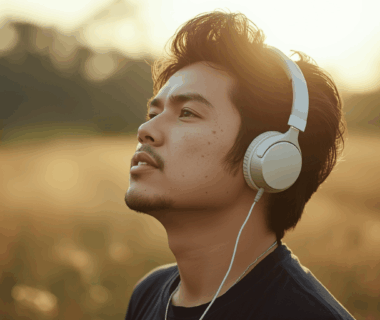 pria mendengarkan lagu perubahan hidup di bawah sinar matahari pagi