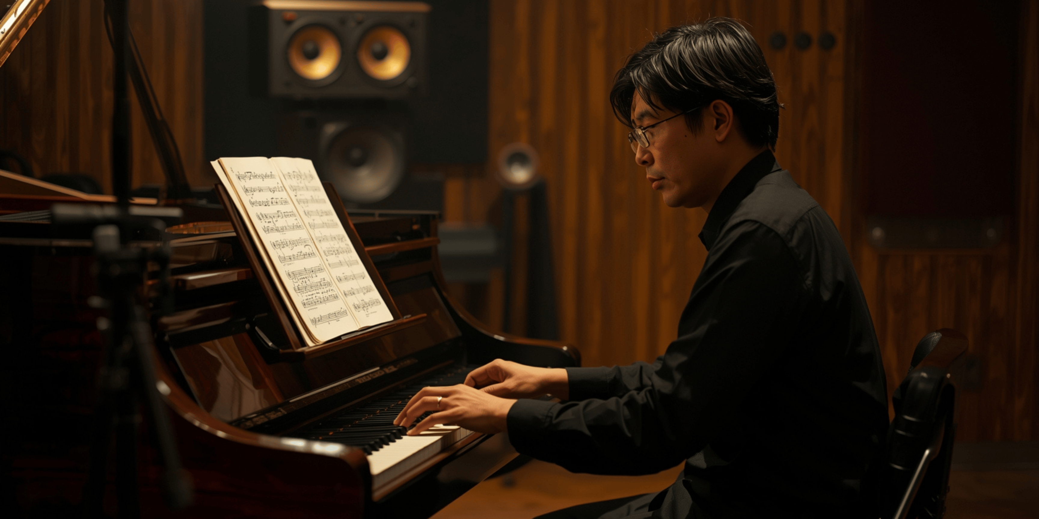 Komposer sedang menciptakan lagu soundtrack film di studio rekaman.