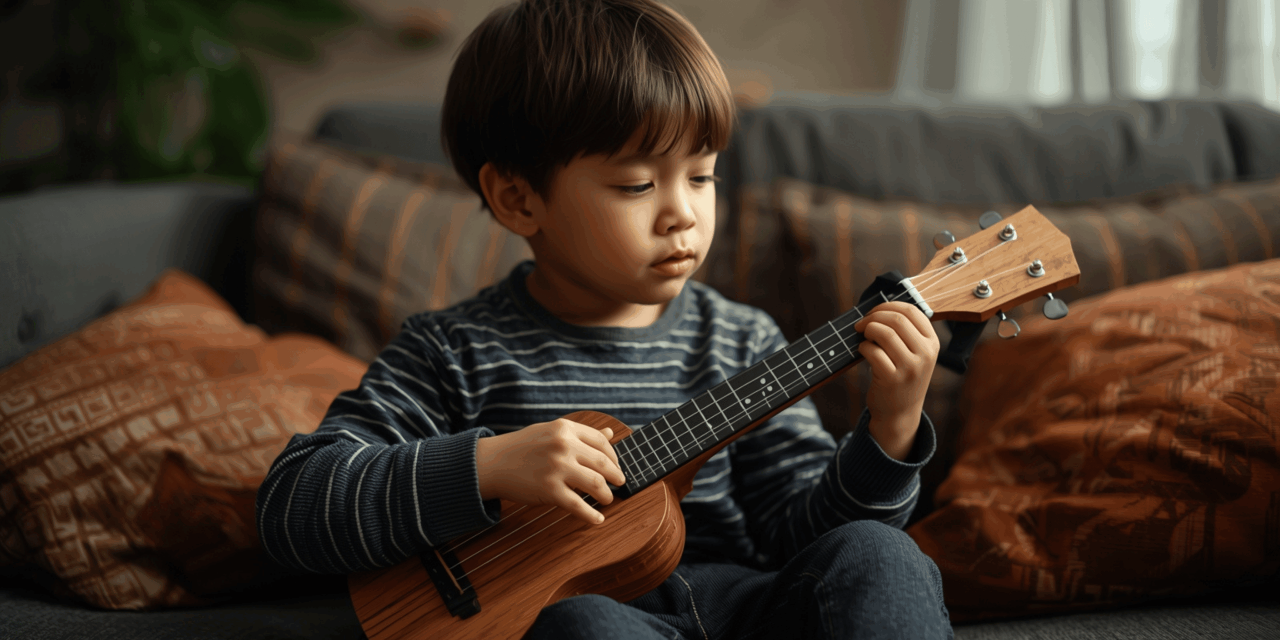 anak kecil sedang bermain ukulele di ruang keluarga