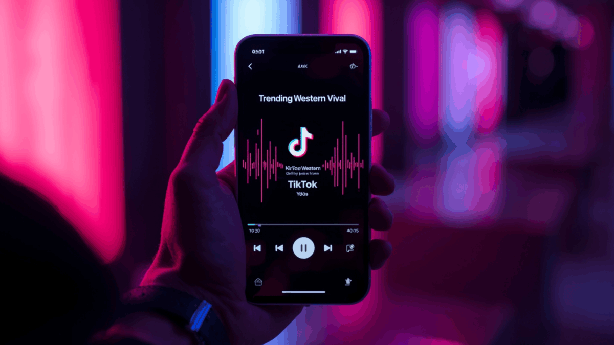 Tampilan smartphone sedang memutar lagu Barat viral di TikTok.