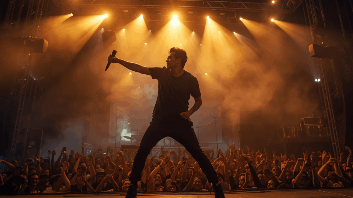 Musisi Indonesia tampil di panggung besar dengan sorotan lampu dramatis.