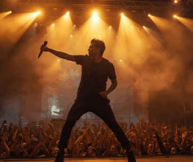 Musisi Indonesia tampil di panggung besar dengan sorotan lampu dramatis.