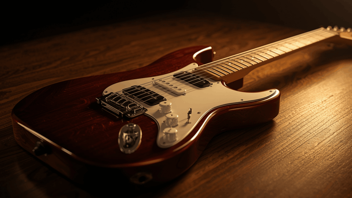 gitar elektrik terbaru di atas meja studio