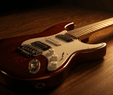 gitar elektrik terbaru di atas meja studio