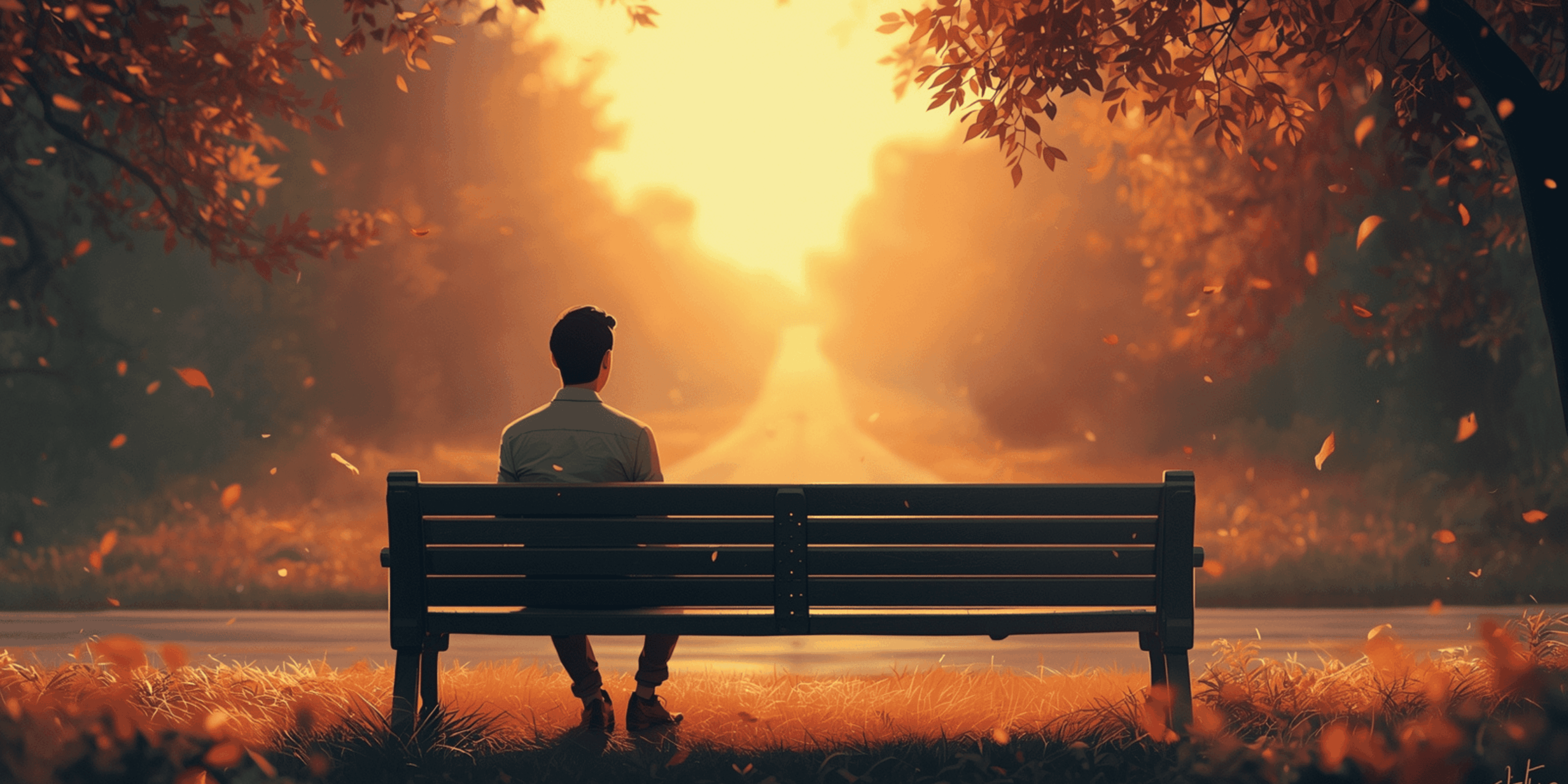 Seorang pria duduk di bangku taman saat senja, menatap jalan kosong yang memudar di kejauhan dengan ekspresi tenang namun sendu, menggambarkan makna lagu Hati-Hati di Jalan Tulus tentang melepaskan dengan ikhlas.