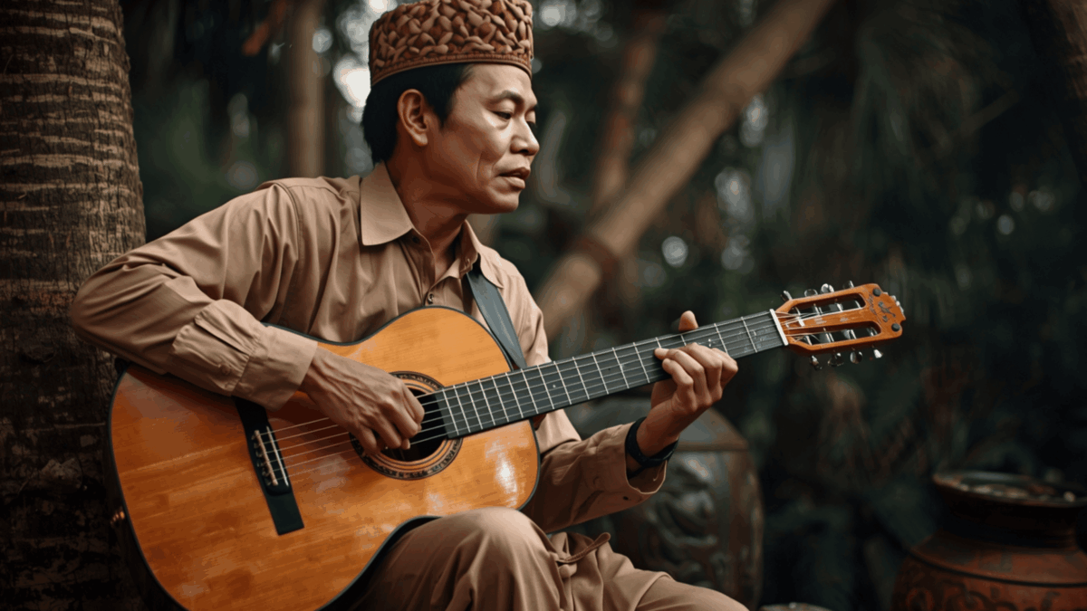penyanyi Bugis memainkan gitar di pantai senja membawakan lagu Tabola Bale.