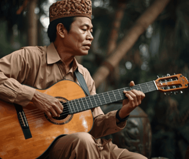 penyanyi Bugis memainkan gitar di pantai senja membawakan lagu Tabola Bale.