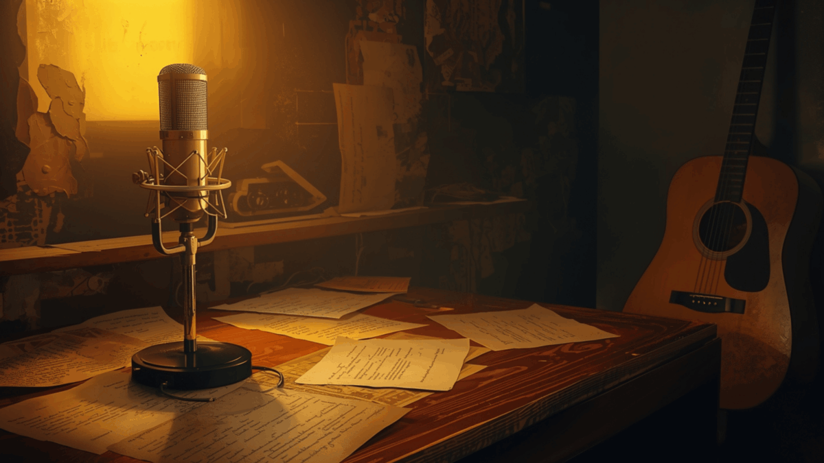 mikrofon vintage di studio musik menggambarkan proses kreatif pencipta lagu cinta sejati