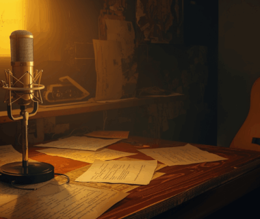 mikrofon vintage di studio musik menggambarkan proses kreatif pencipta lagu cinta sejati