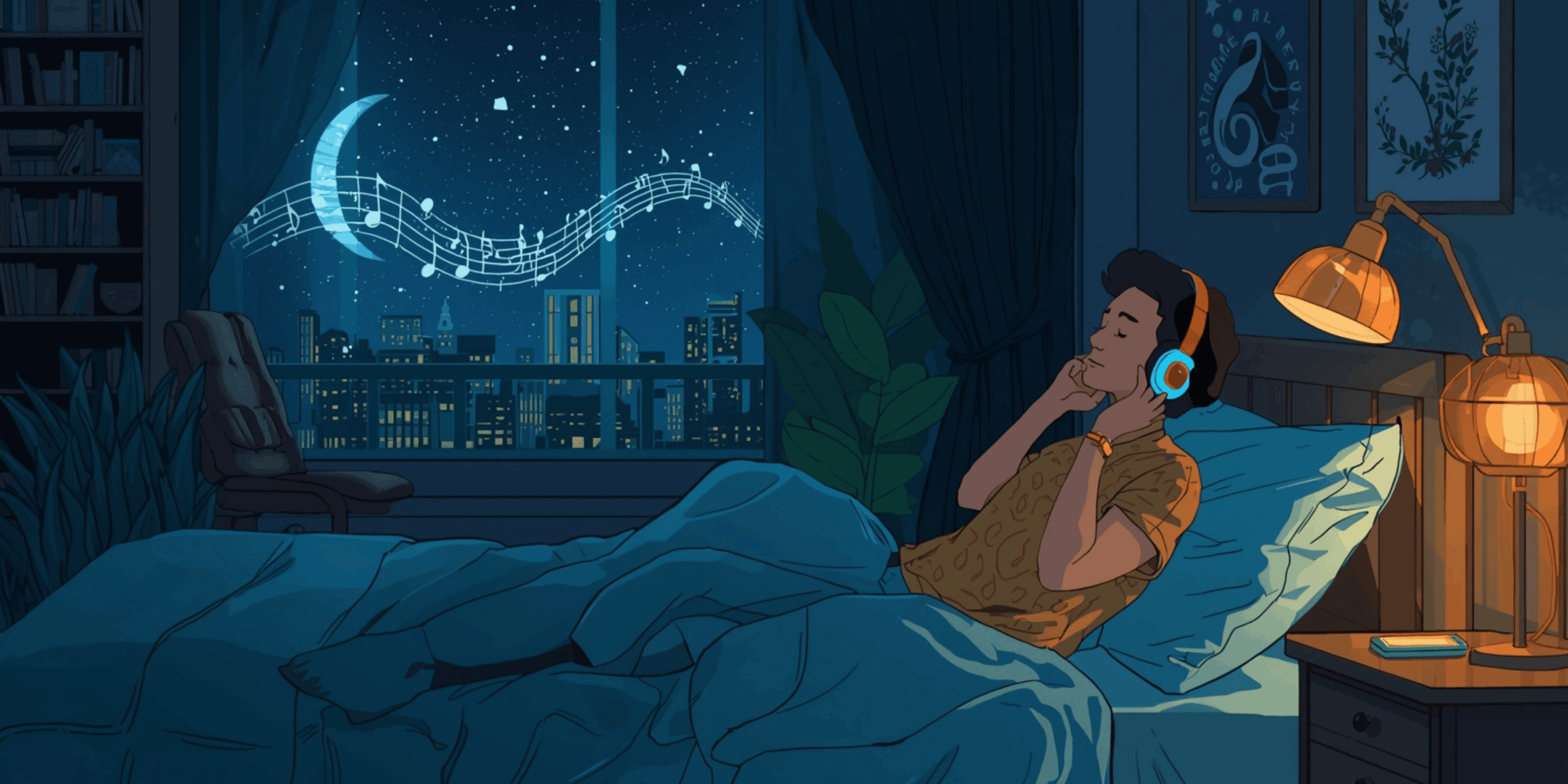 Pendengar menikmati makna lagu populer yang sedang viral di malam hari dengan headphone dan suasana emosional hangat.