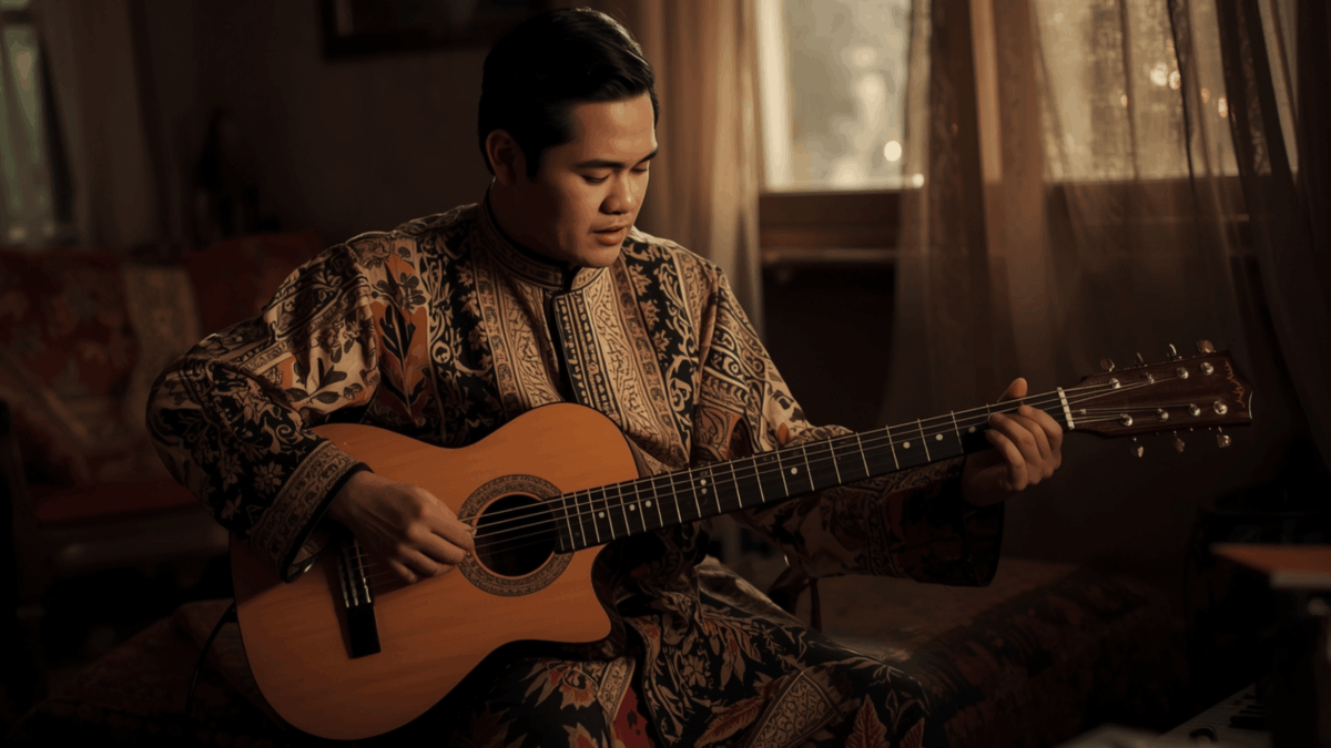 Penyanyi membawakan lagu religi dengan ekspresi penuh ketenangan.