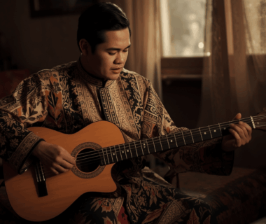 Penyanyi membawakan lagu religi dengan ekspresi penuh ketenangan.