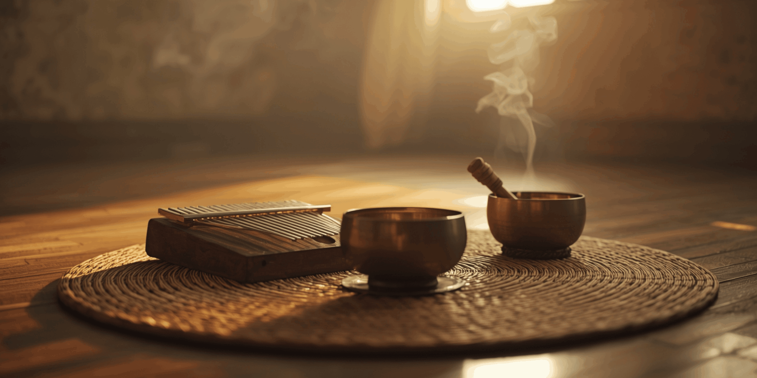 Alat musik meditasi seperti kalimba, singing bowl, dan tong drum di ruang meditasi yang hangat.