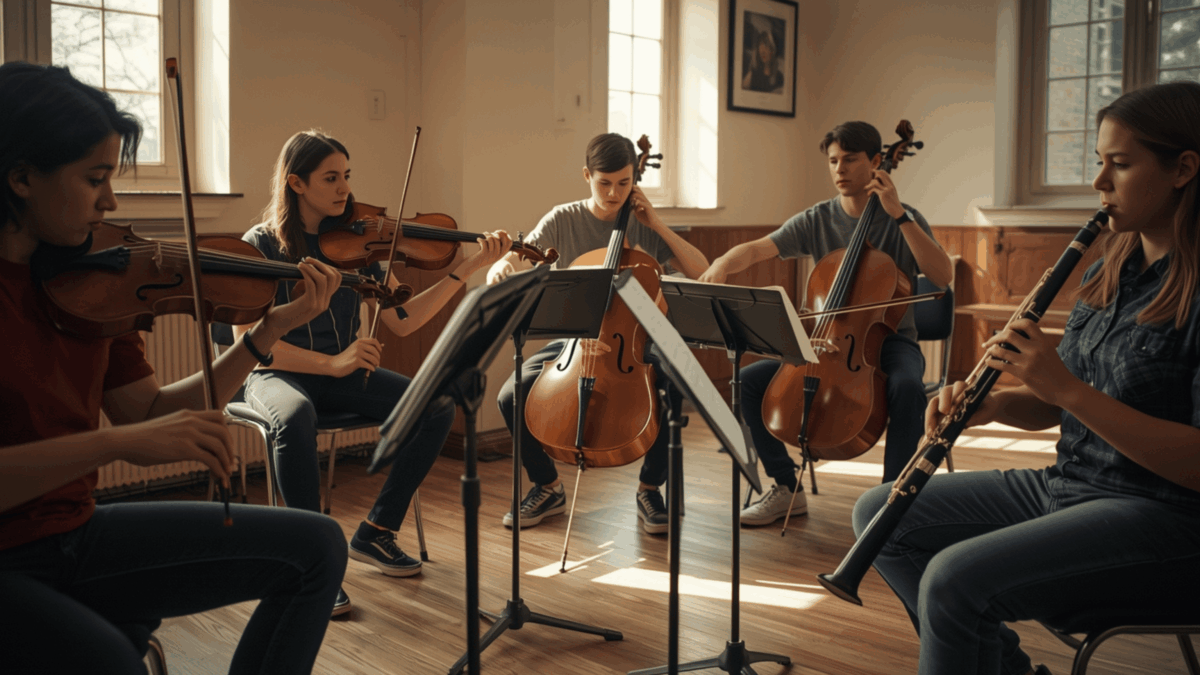 “Pelajar sedang berlatih alat musik orkestra di ruang latihan.”