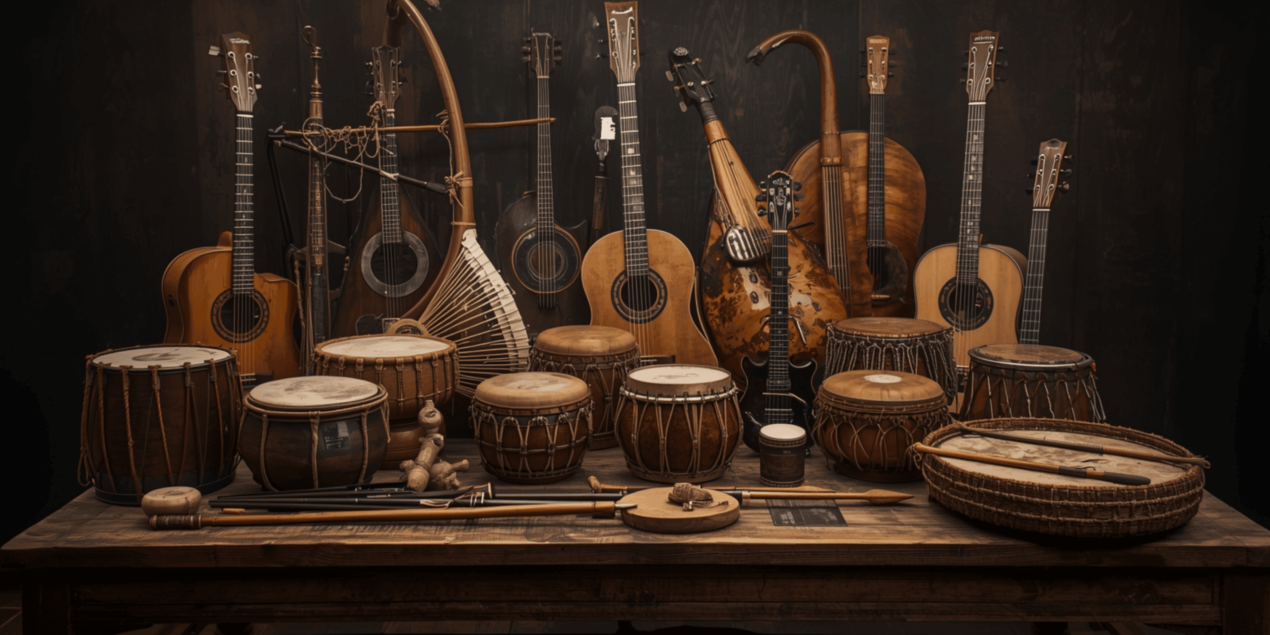 Alat musik tradisional dari berbagai negara tampil dalam foto realistis 4K.