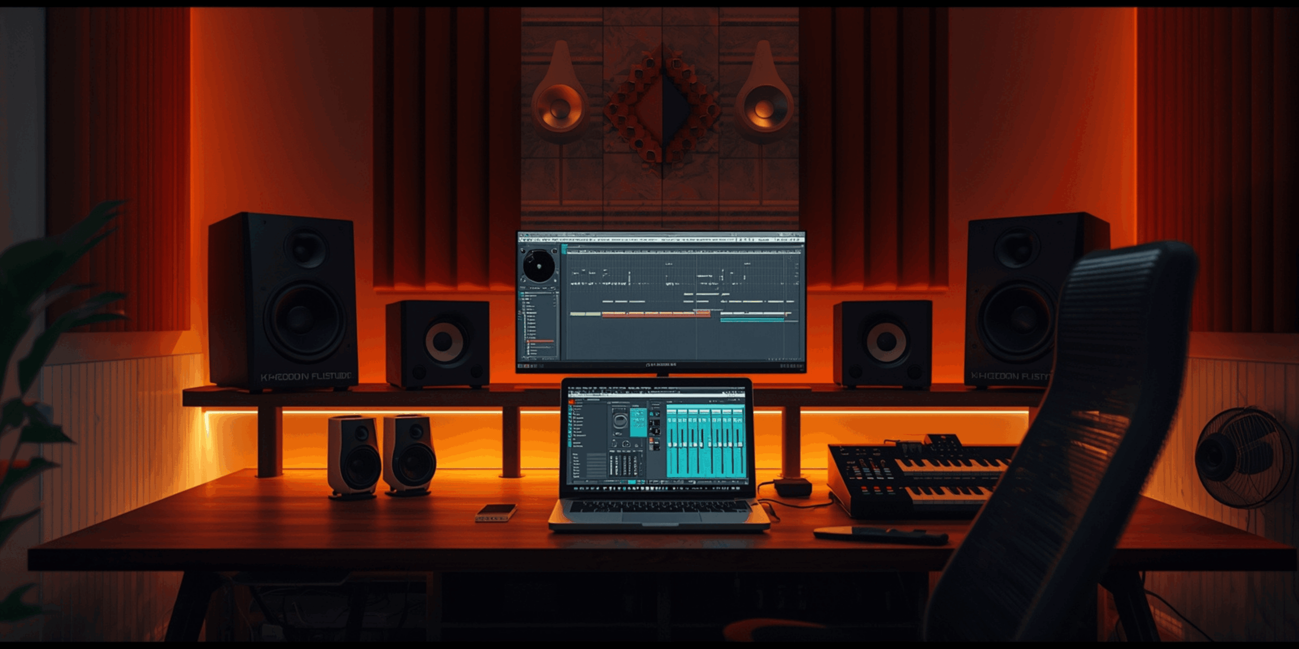 Home studio minimalis dengan monitor studio budget di atas meja kayu.