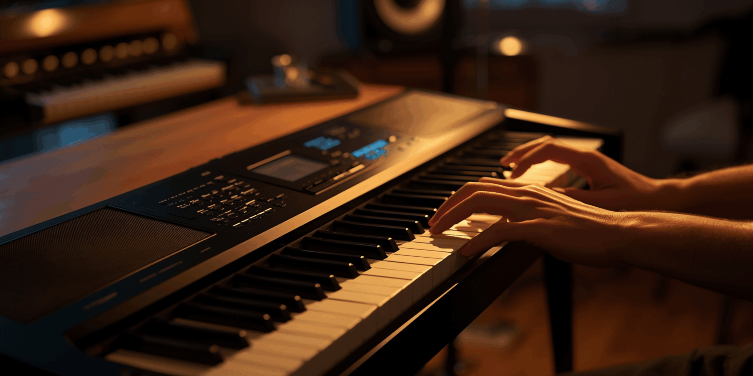 piano elektrik murah di studio rumah dengan pencahayaan hangat