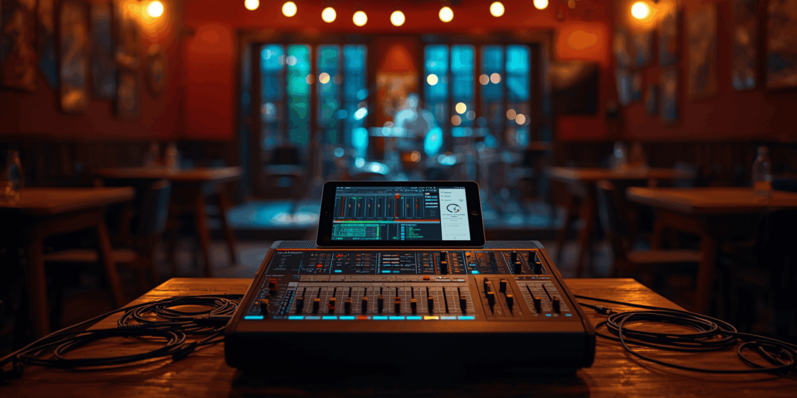 Mixer digital portable di atas meja mixing pada panggung live music indoor dengan pencahayaan hangat.